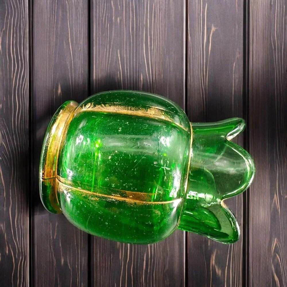 Antique EAPG Riverside Glass Vase Vessel Hand Painted Gold Lines‎ Green Vase VTG